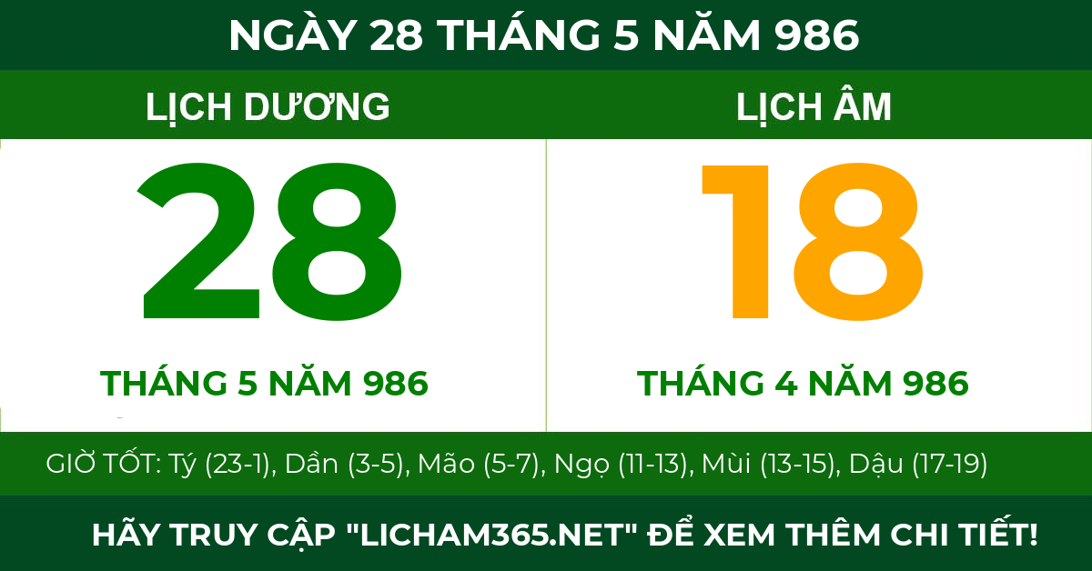 lịch âm ngày 28 tháng 5 năm 986