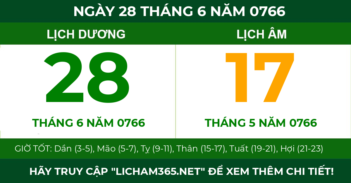 lịch âm ngày 28 tháng 6 năm 0766