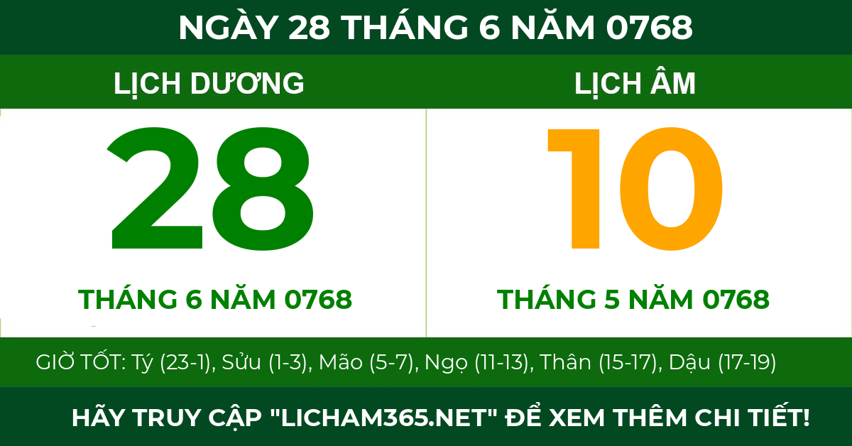 lịch âm ngày 28 tháng 6 năm 0768