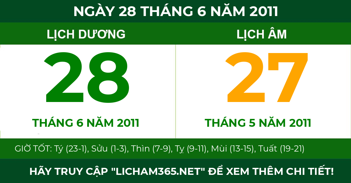 lịch âm ngày 28 tháng 6 năm 2011