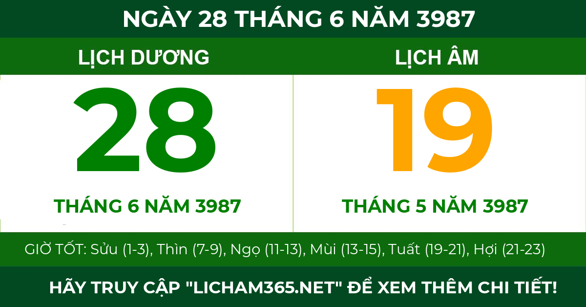 lịch âm ngày 28 tháng 6 năm 3987