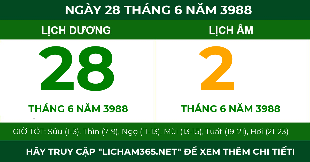 lịch âm ngày 28 tháng 6 năm 3988