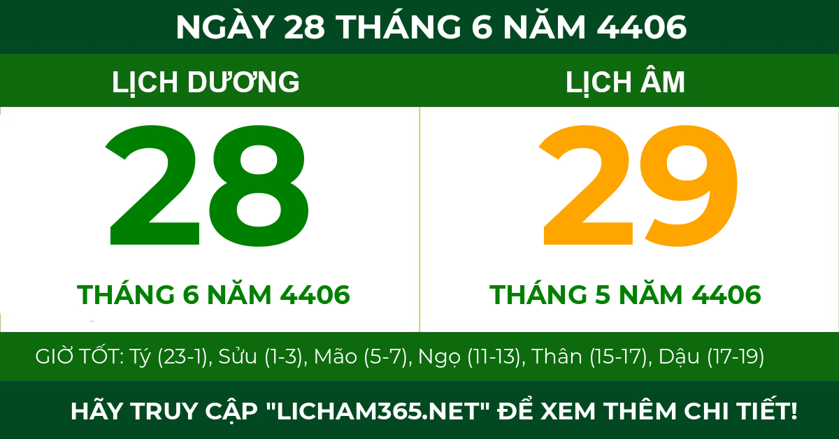 lịch âm ngày 28 tháng 6 năm 4406
