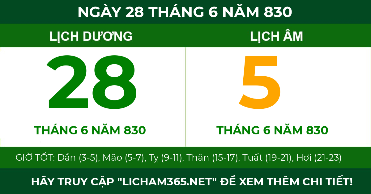 lịch âm ngày 28 tháng 6 năm 830