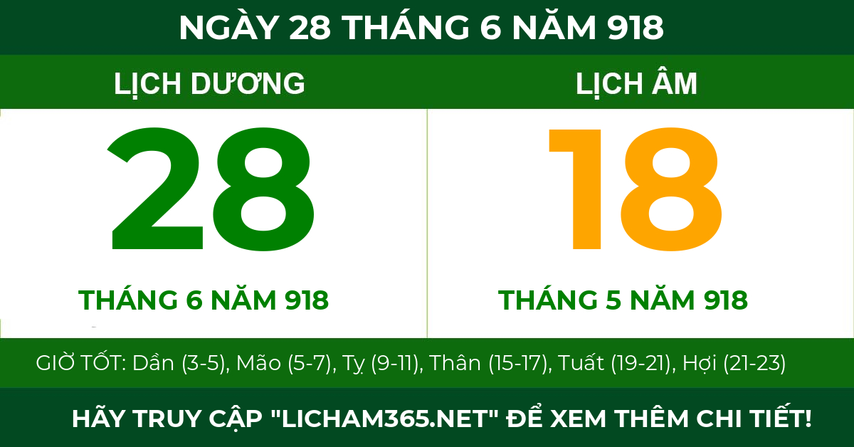 lịch âm ngày 28 tháng 6 năm 918