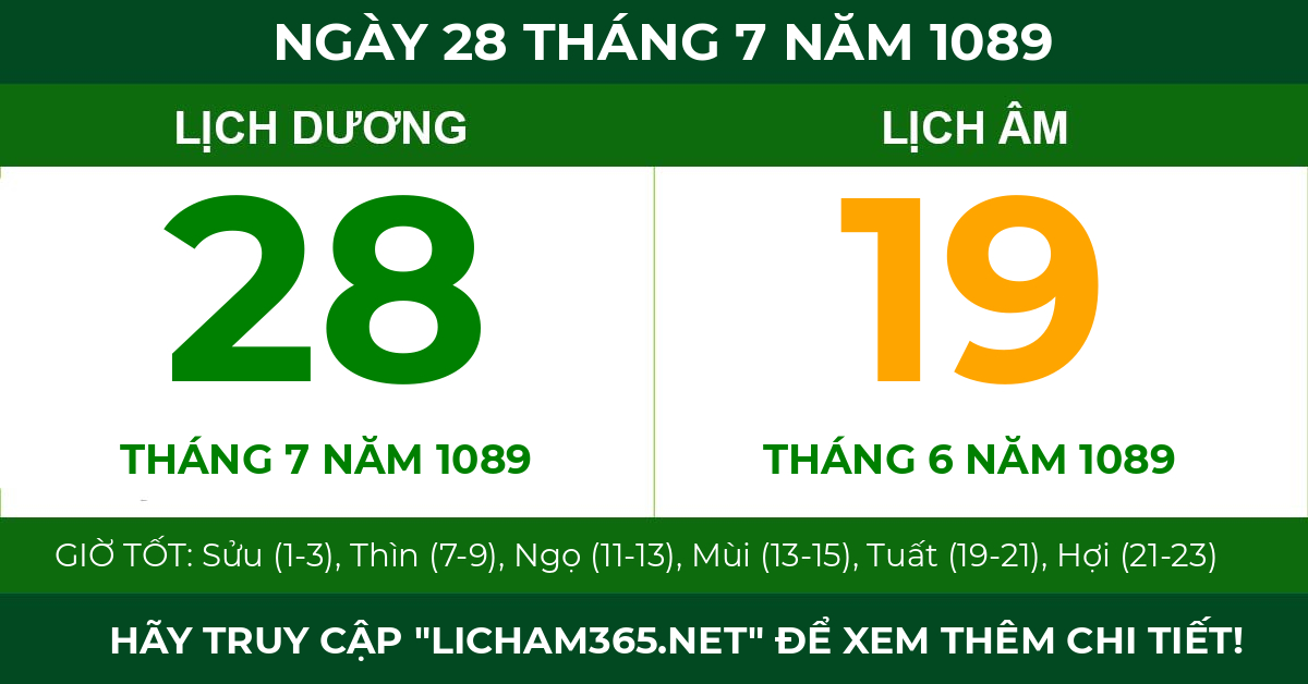 lịch âm ngày 28 tháng 7 năm 1089