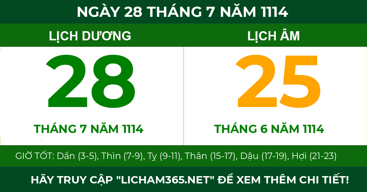 lịch âm ngày 28 tháng 7 năm 1114