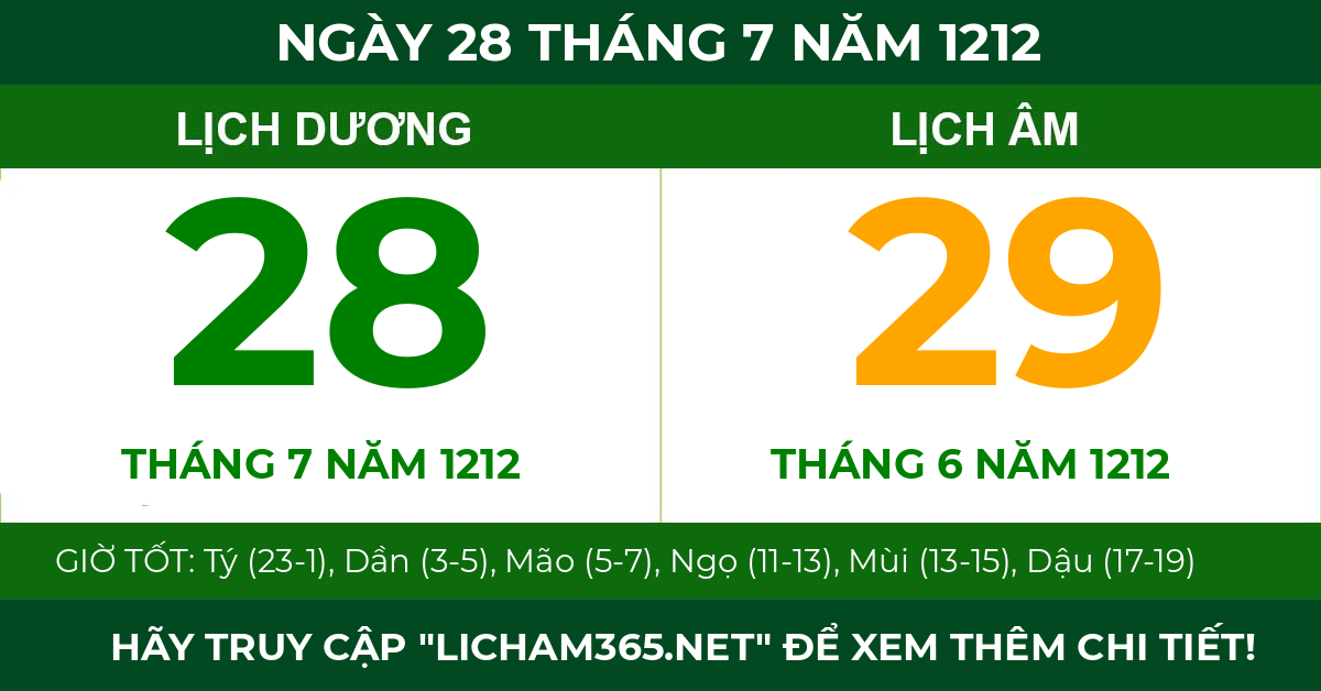 lịch âm ngày 28 tháng 7 năm 1212