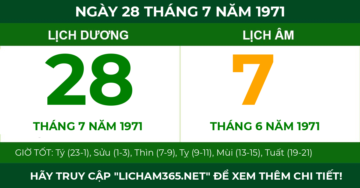 lịch âm ngày 28 tháng 7 năm 1971