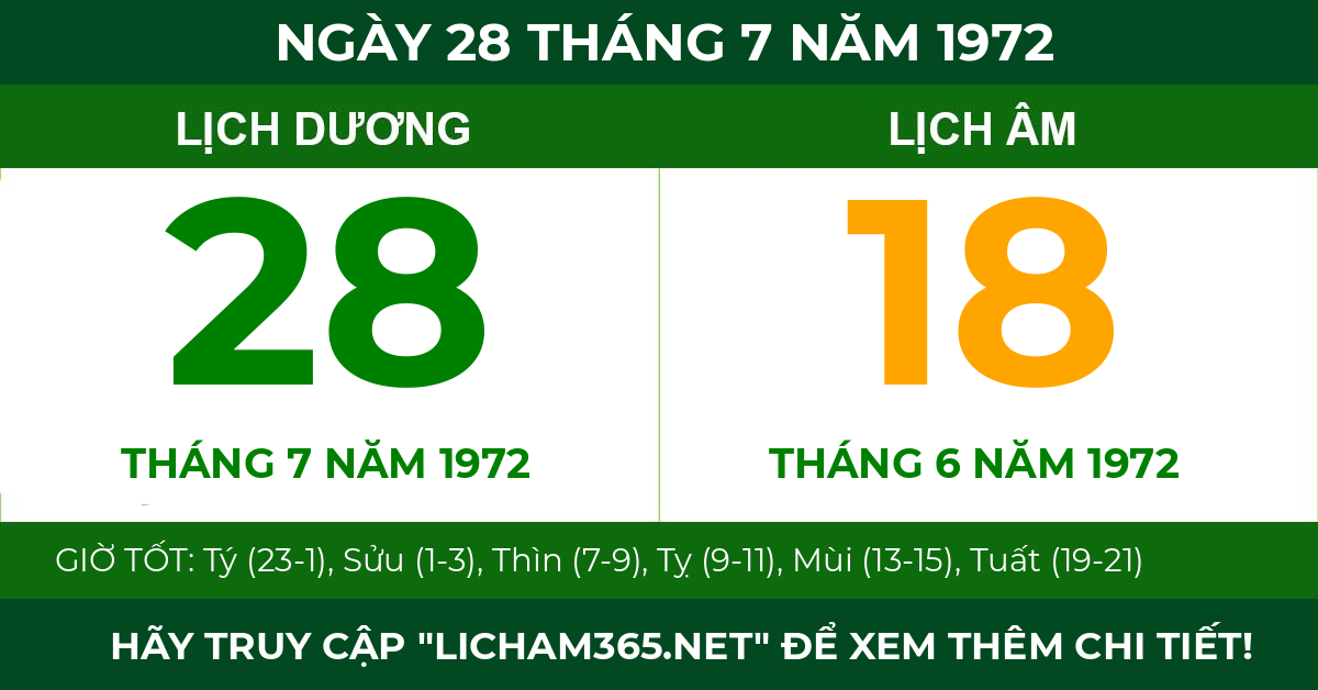 lịch âm ngày 28 tháng 7 năm 1972