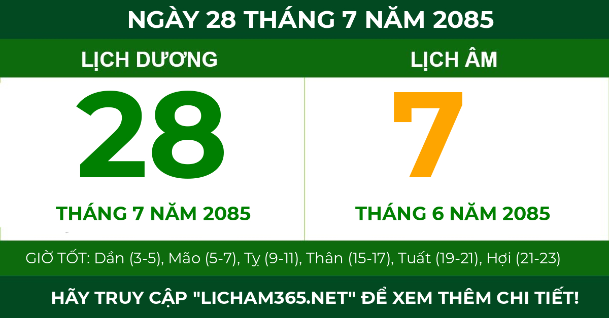 lịch âm ngày 28 tháng 7 năm 2085