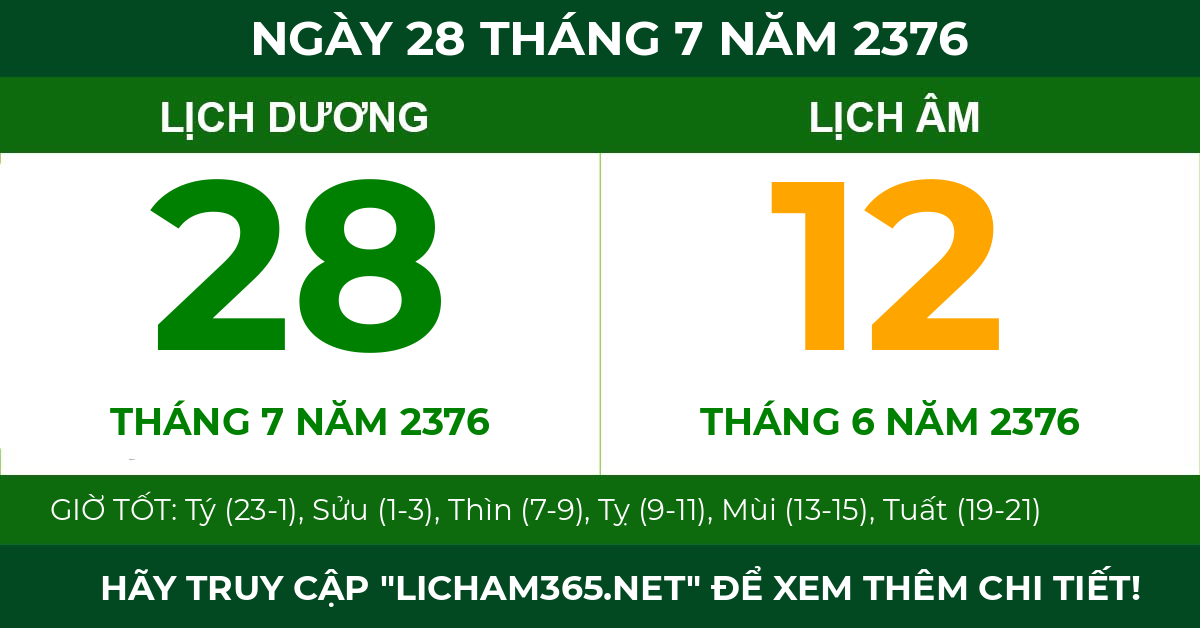 lịch âm ngày 28 tháng 7 năm 2376