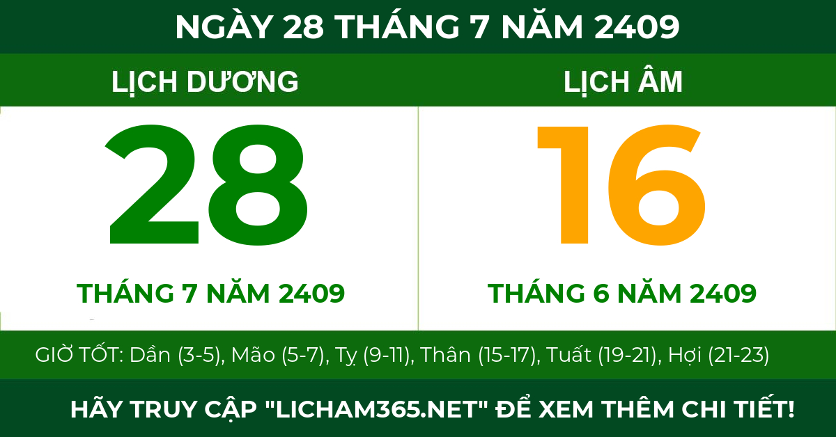 lịch âm ngày 28 tháng 7 năm 2409