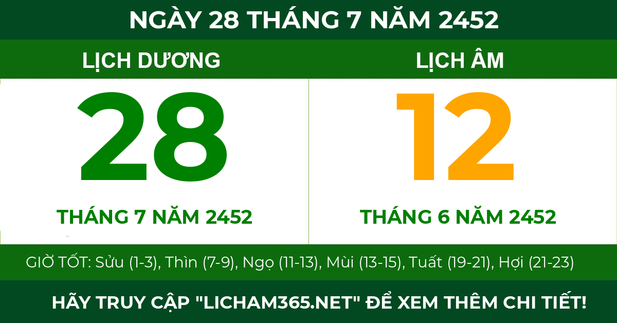 lịch âm ngày 28 tháng 7 năm 2452