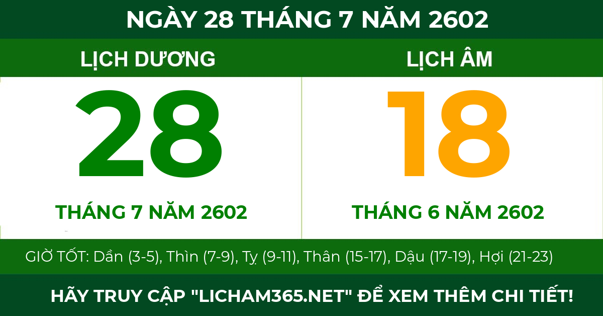 lịch âm ngày 28 tháng 7 năm 2602