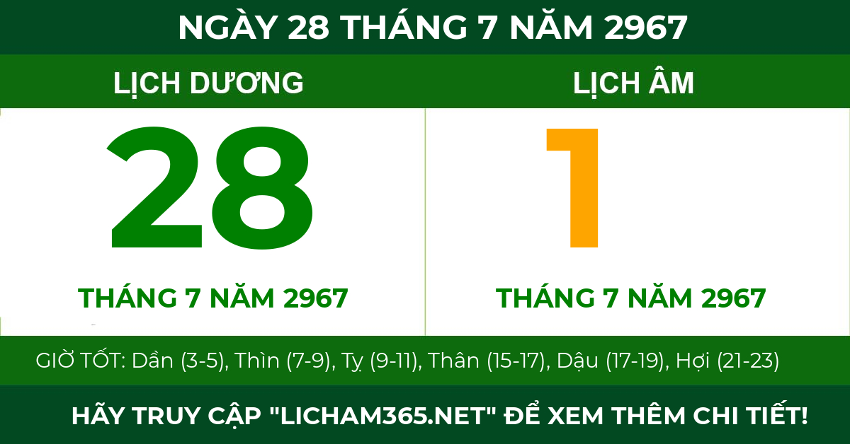 lịch âm ngày 28 tháng 7 năm 2967