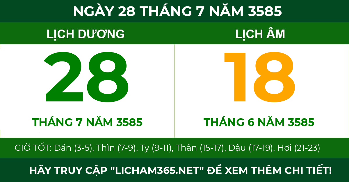lịch âm ngày 28 tháng 7 năm 3585