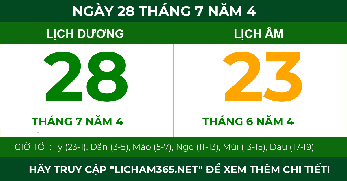 lịch âm ngày 28 tháng 7 năm 4