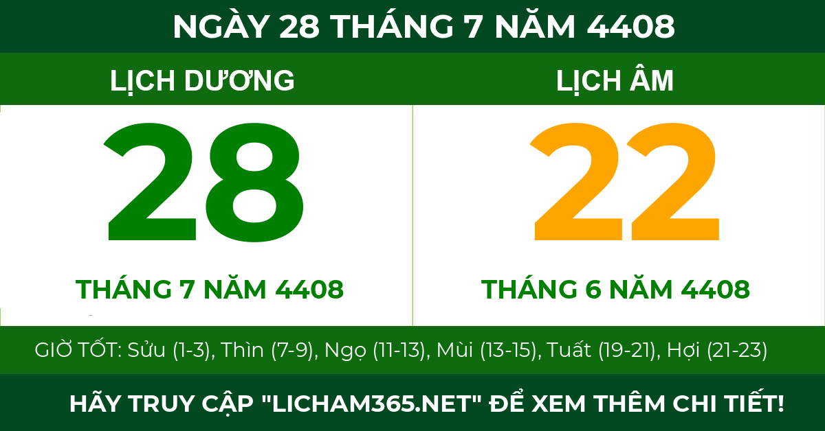 lịch âm ngày 28 tháng 7 năm 4408