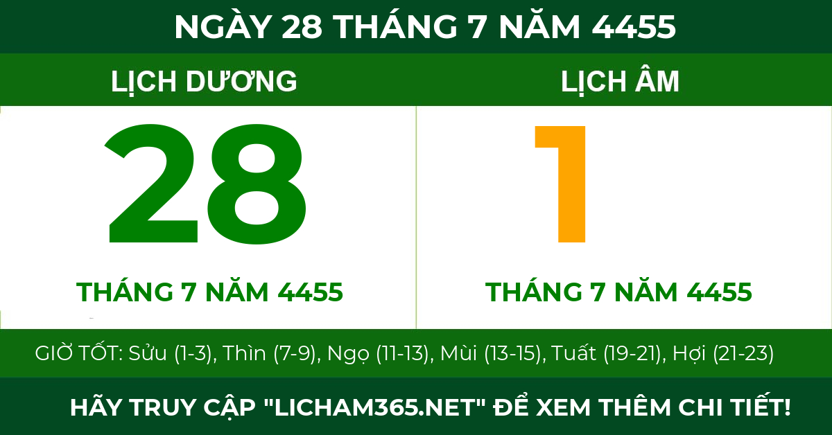 lịch âm ngày 28 tháng 7 năm 4455
