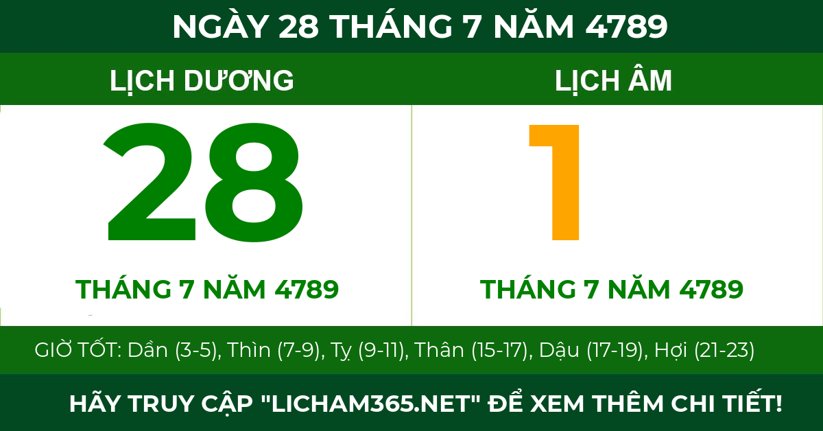 lịch âm ngày 28 tháng 7 năm 4789