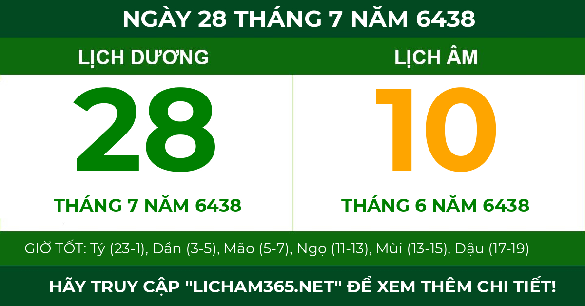 lịch âm ngày 28 tháng 7 năm 6438