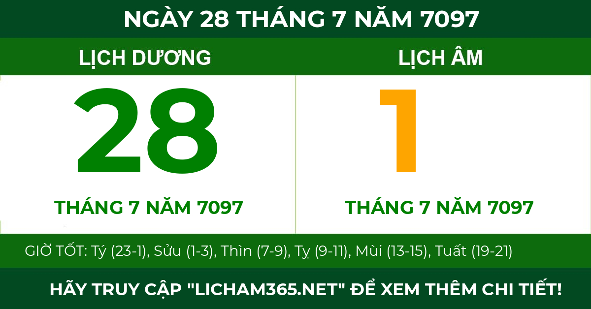 lịch âm ngày 28 tháng 7 năm 7097
