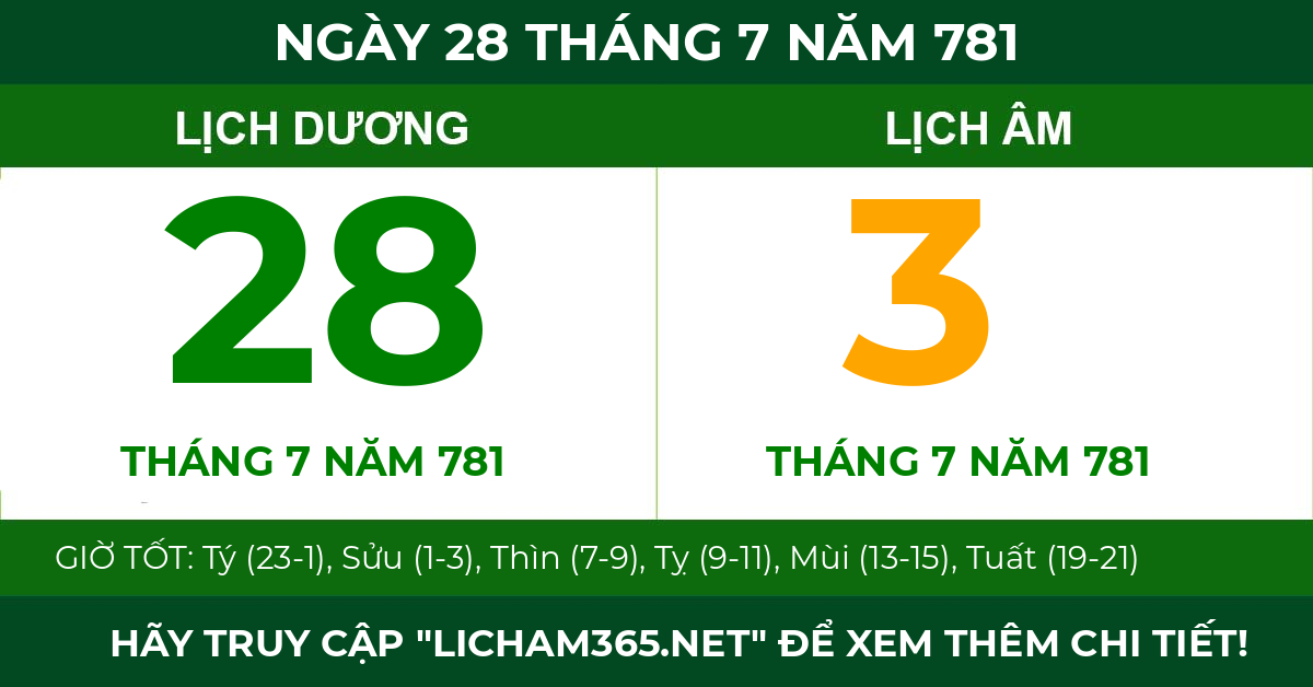 lịch âm ngày 28 tháng 7 năm 781