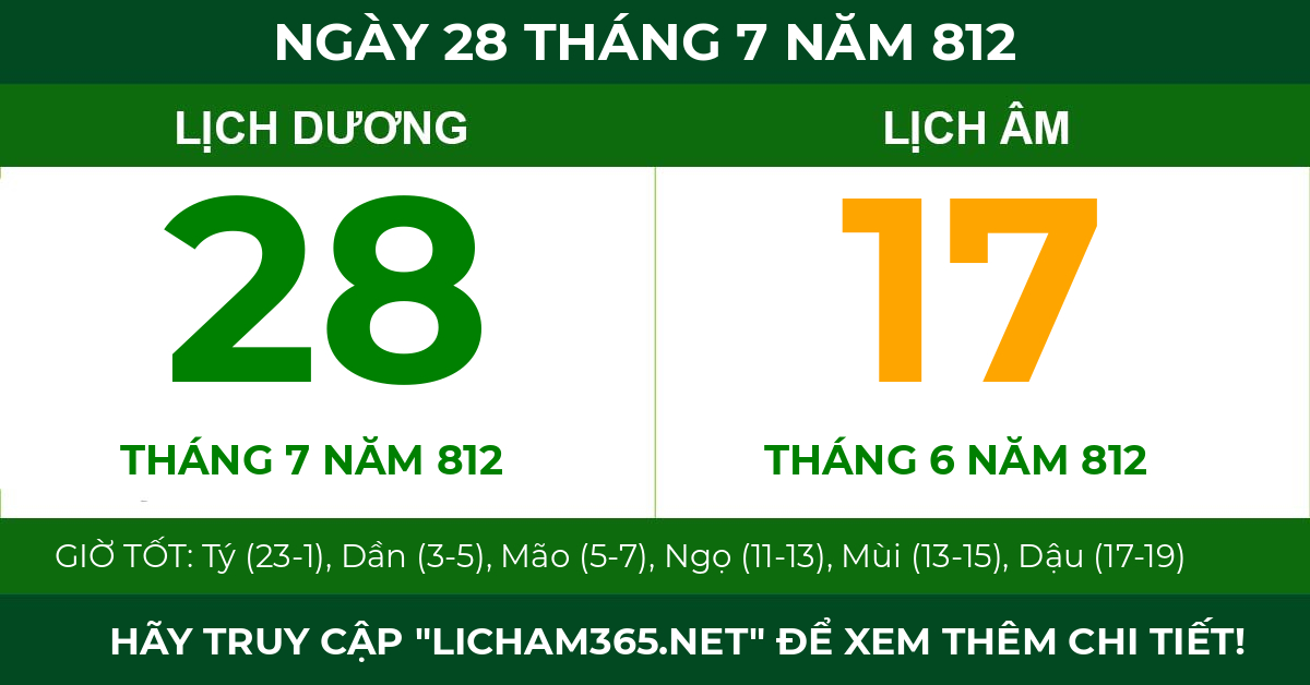 lịch âm ngày 28 tháng 7 năm 812