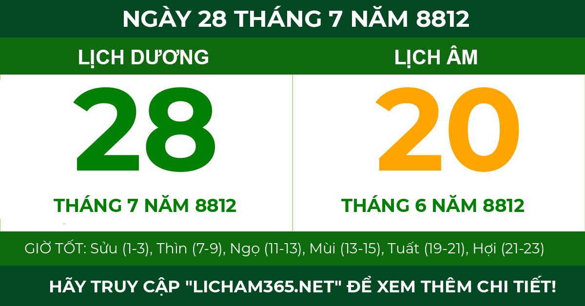 lịch âm ngày 28 tháng 7 năm 8812