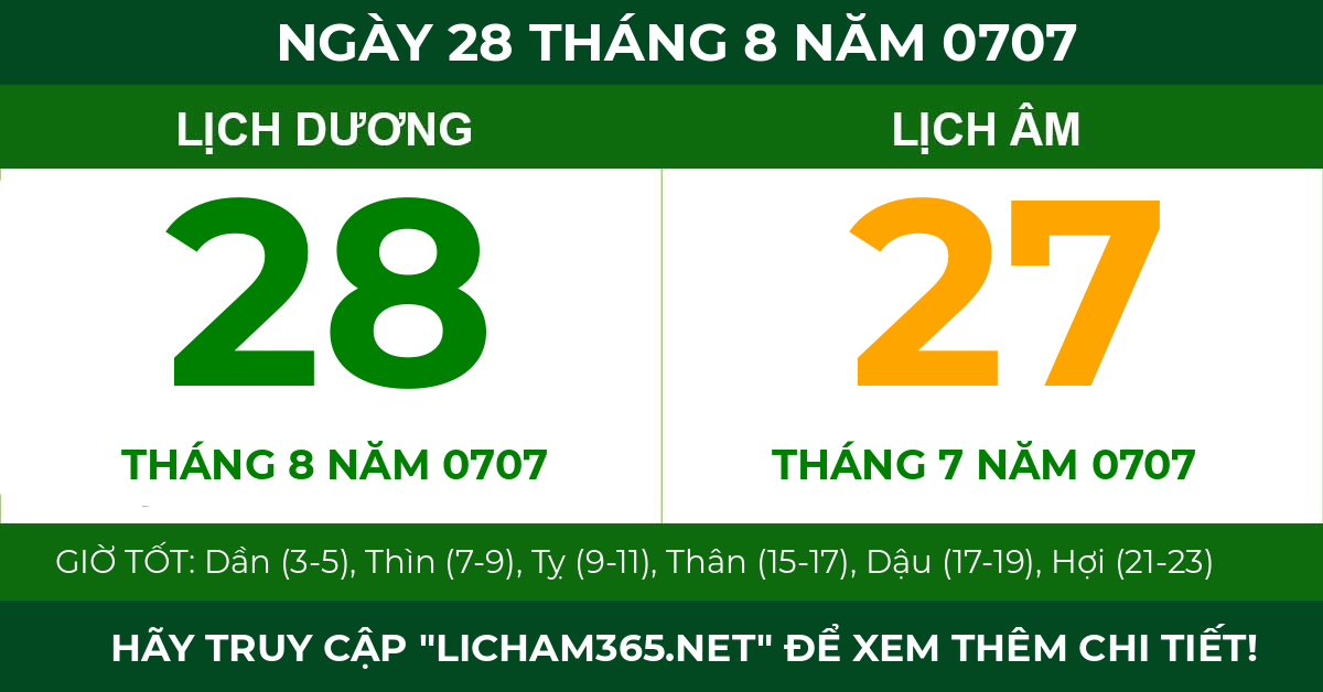 lịch âm ngày 28 tháng 8 năm 0707
