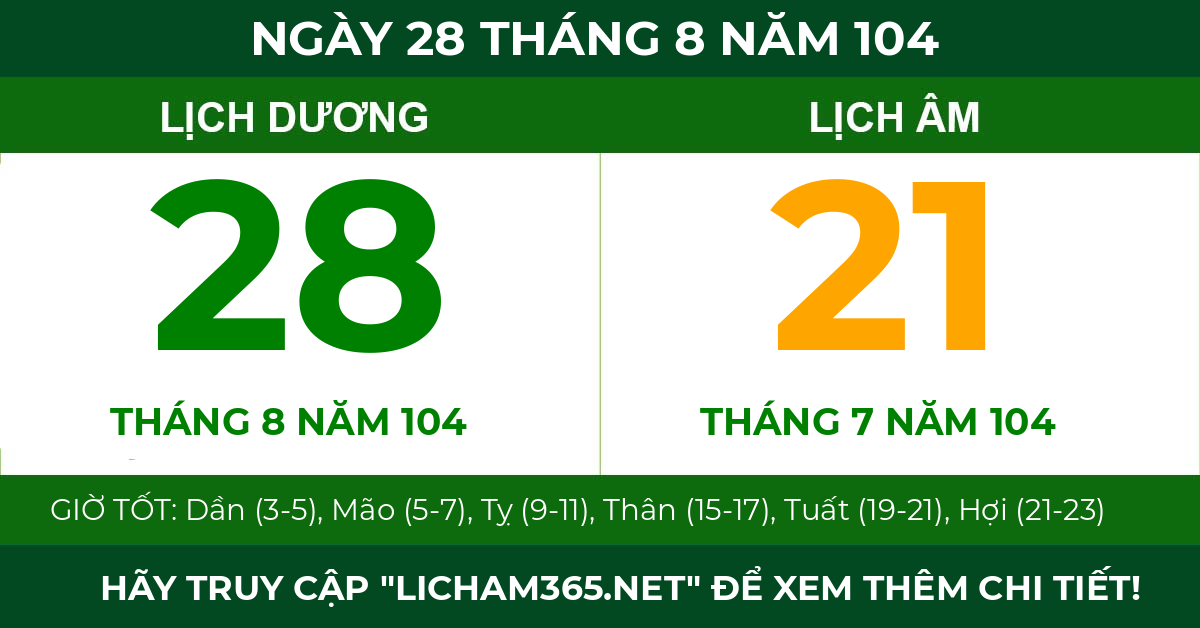 lịch âm ngày 28 tháng 8 năm 104