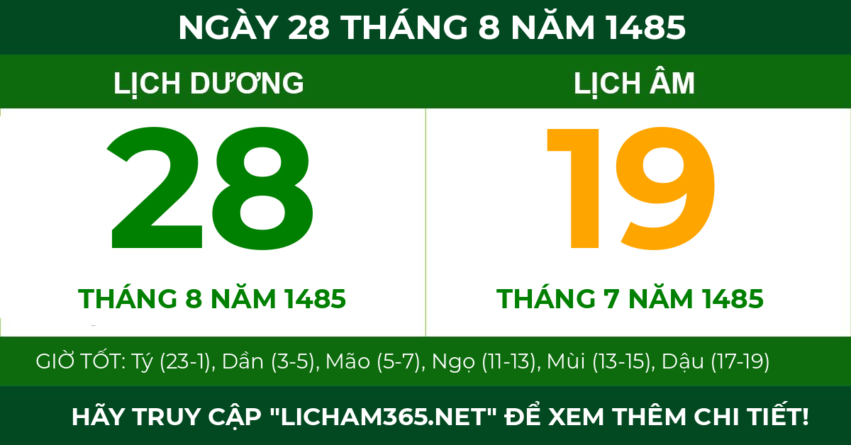 lịch âm ngày 28 tháng 8 năm 1485