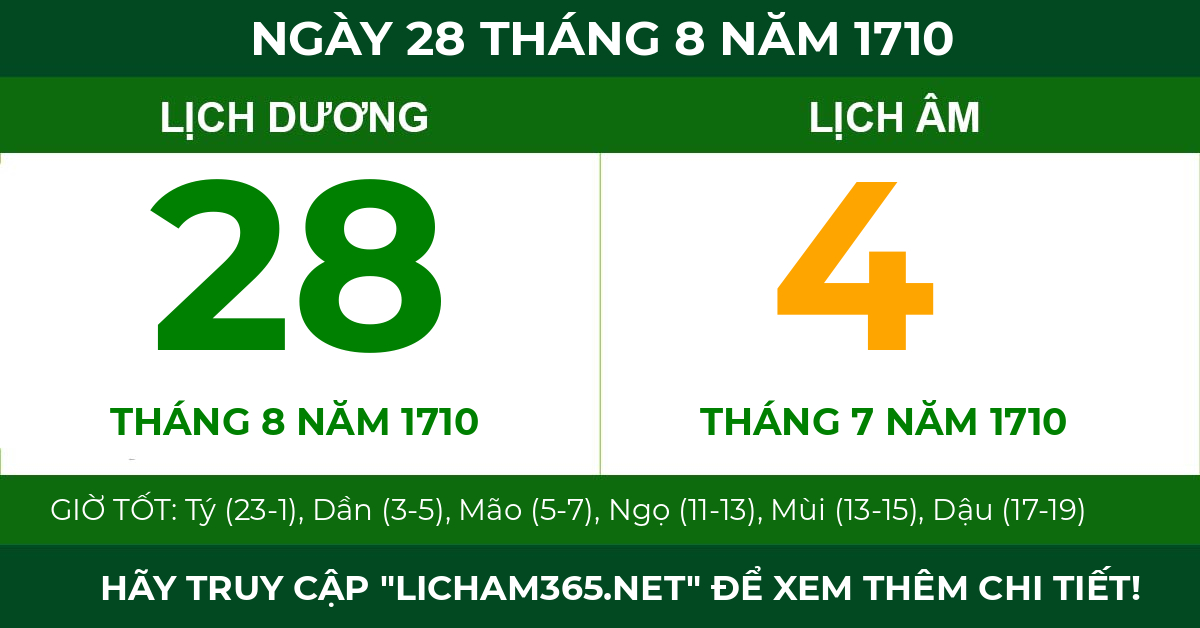 lịch âm ngày 28 tháng 8 năm 1710