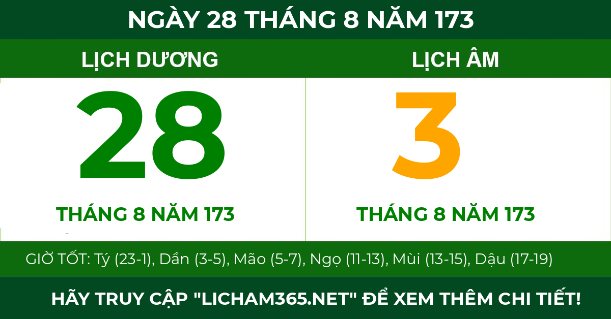 lịch âm ngày 28 tháng 8 năm 173