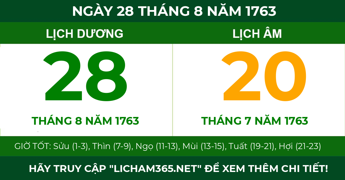 lịch âm ngày 28 tháng 8 năm 1763