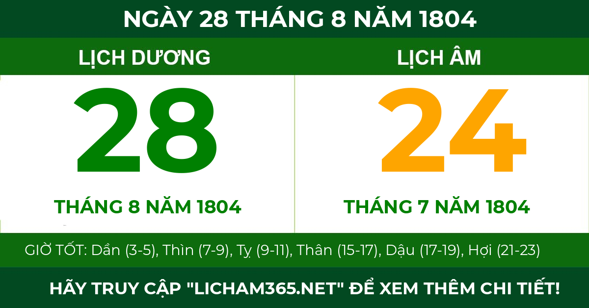 lịch âm ngày 28 tháng 8 năm 1804