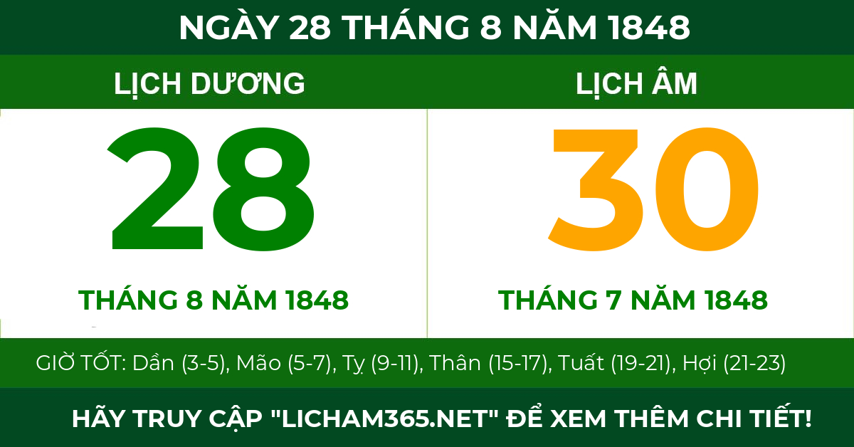 lịch âm ngày 28 tháng 8 năm 1848