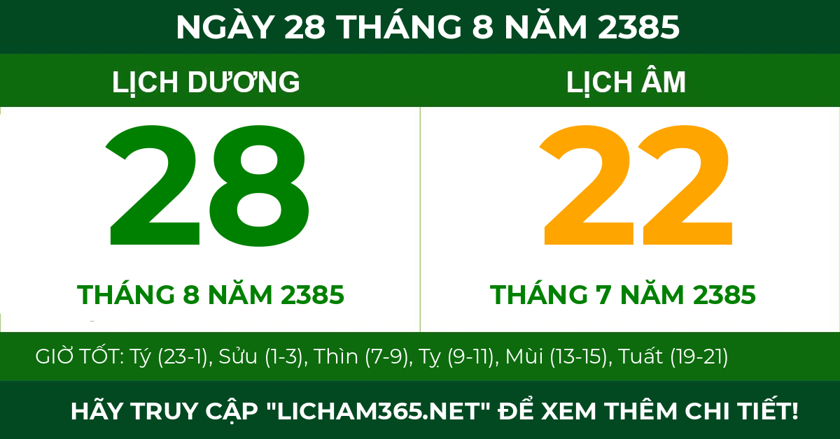 lịch âm ngày 28 tháng 8 năm 2385