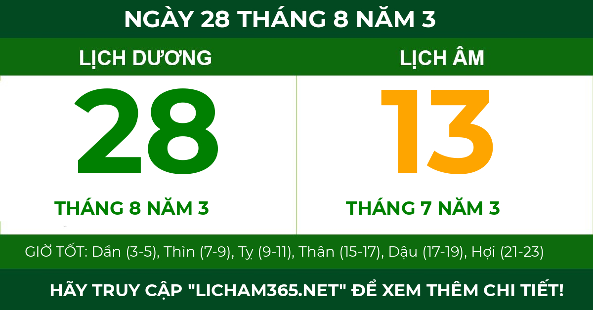 lịch âm ngày 28 tháng 8 năm 3