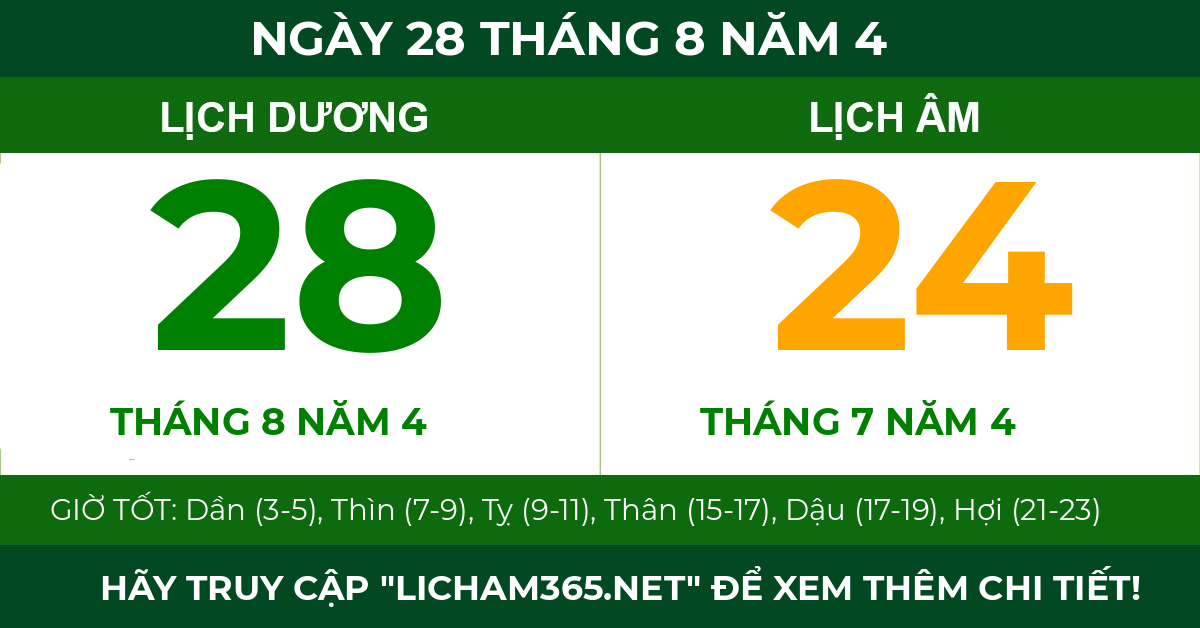 lịch âm ngày 28 tháng 8 năm 4