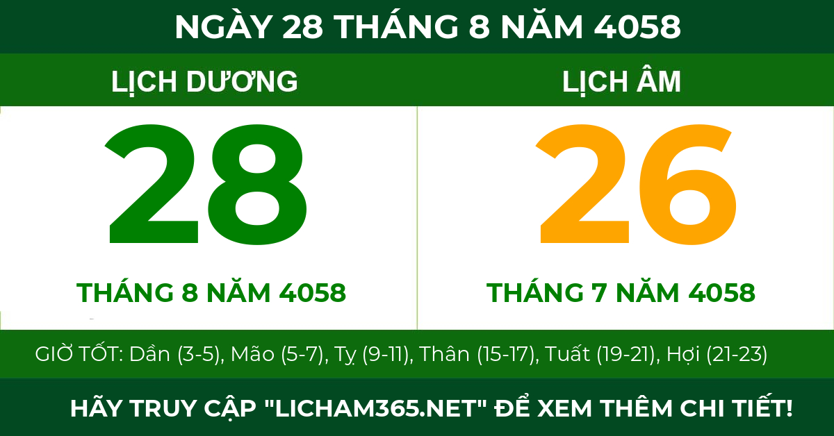lịch âm ngày 28 tháng 8 năm 4058