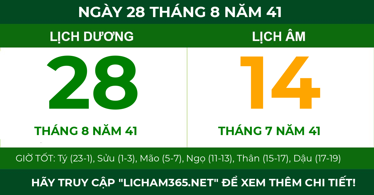 lịch âm ngày 28 tháng 8 năm 41