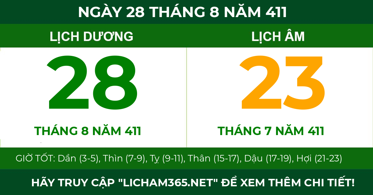 lịch âm ngày 28 tháng 8 năm 411