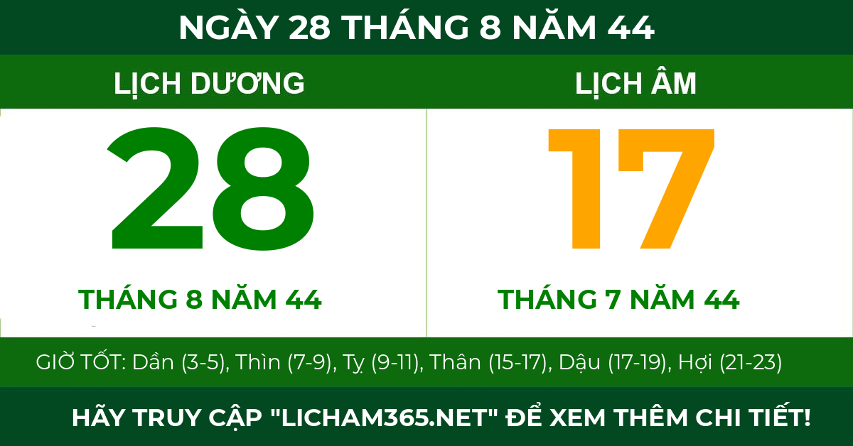lịch âm ngày 28 tháng 8 năm 44