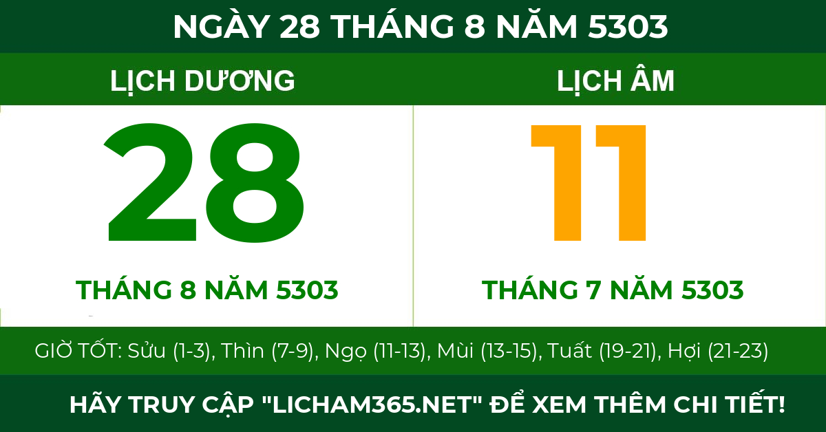 lịch âm ngày 28 tháng 8 năm 5303