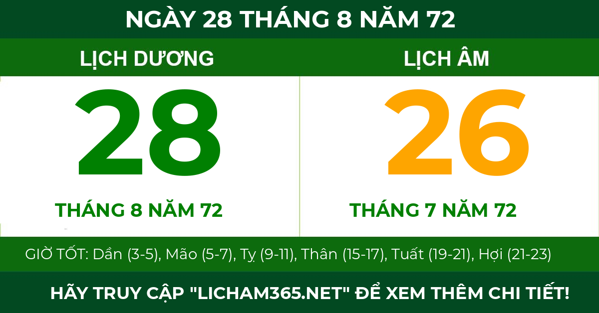 lịch âm ngày 28 tháng 8 năm 72