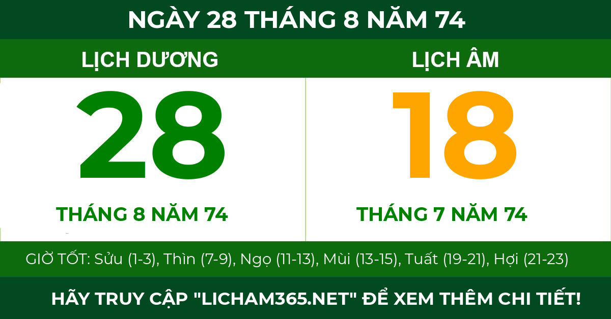 lịch âm ngày 28 tháng 8 năm 74