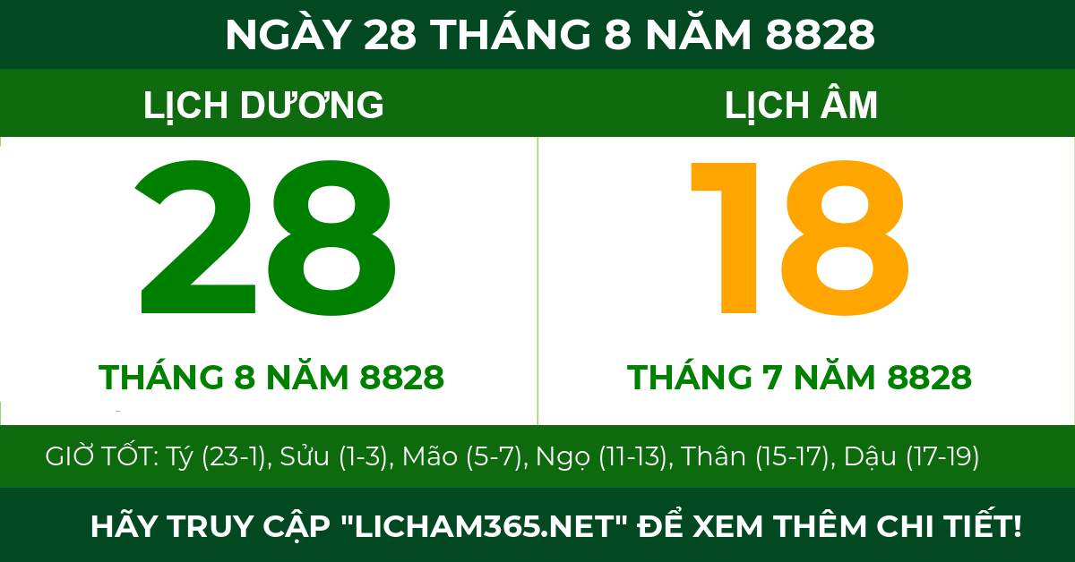 lịch âm ngày 28 tháng 8 năm 8828