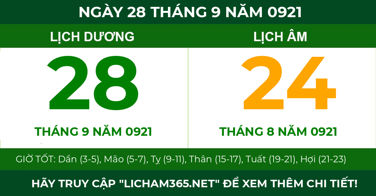 lịch âm ngày 28 tháng 9 năm 0921